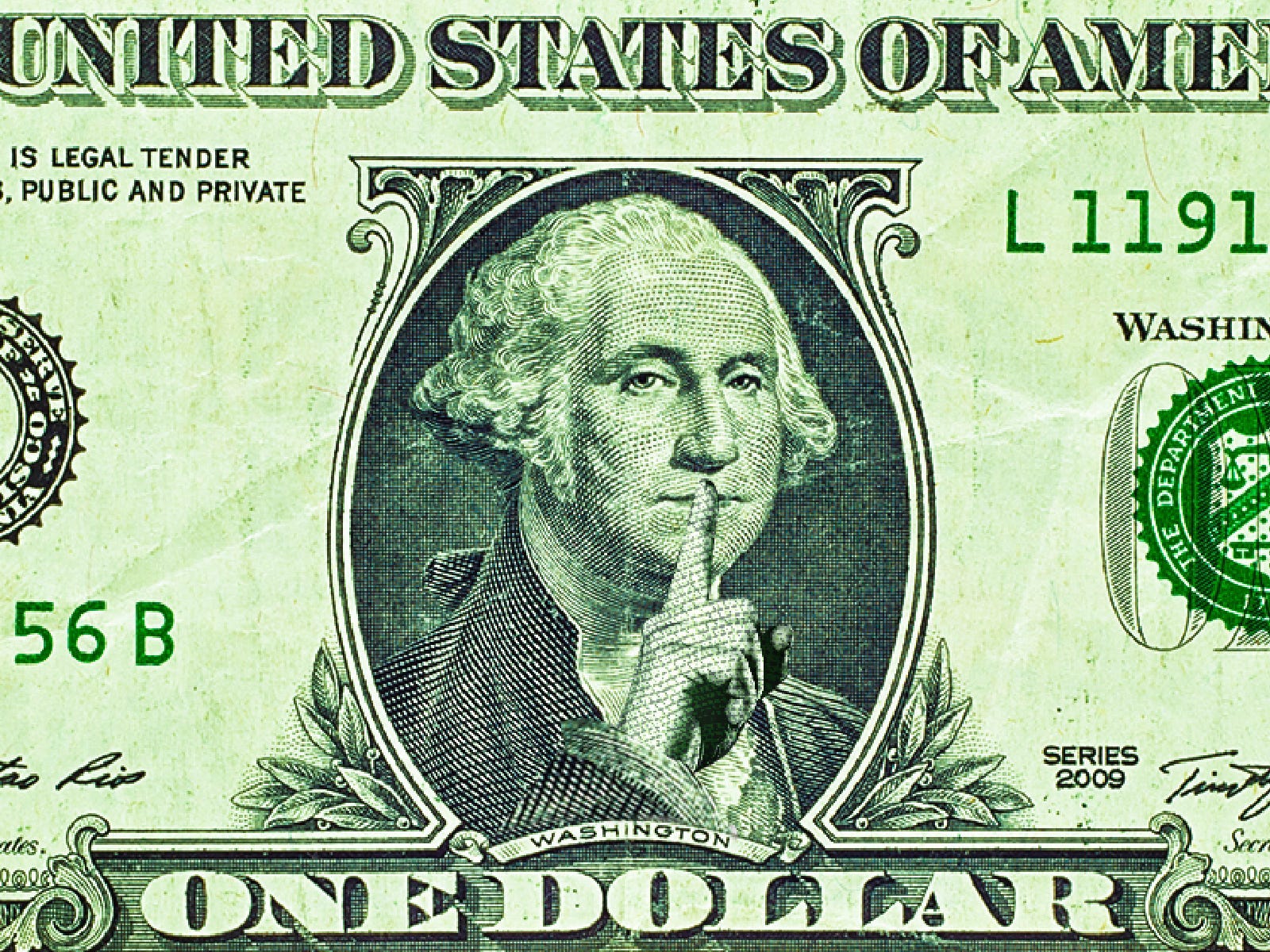 A US one dollar bill of George Washington with a finger over his lips to hush the viewer.
