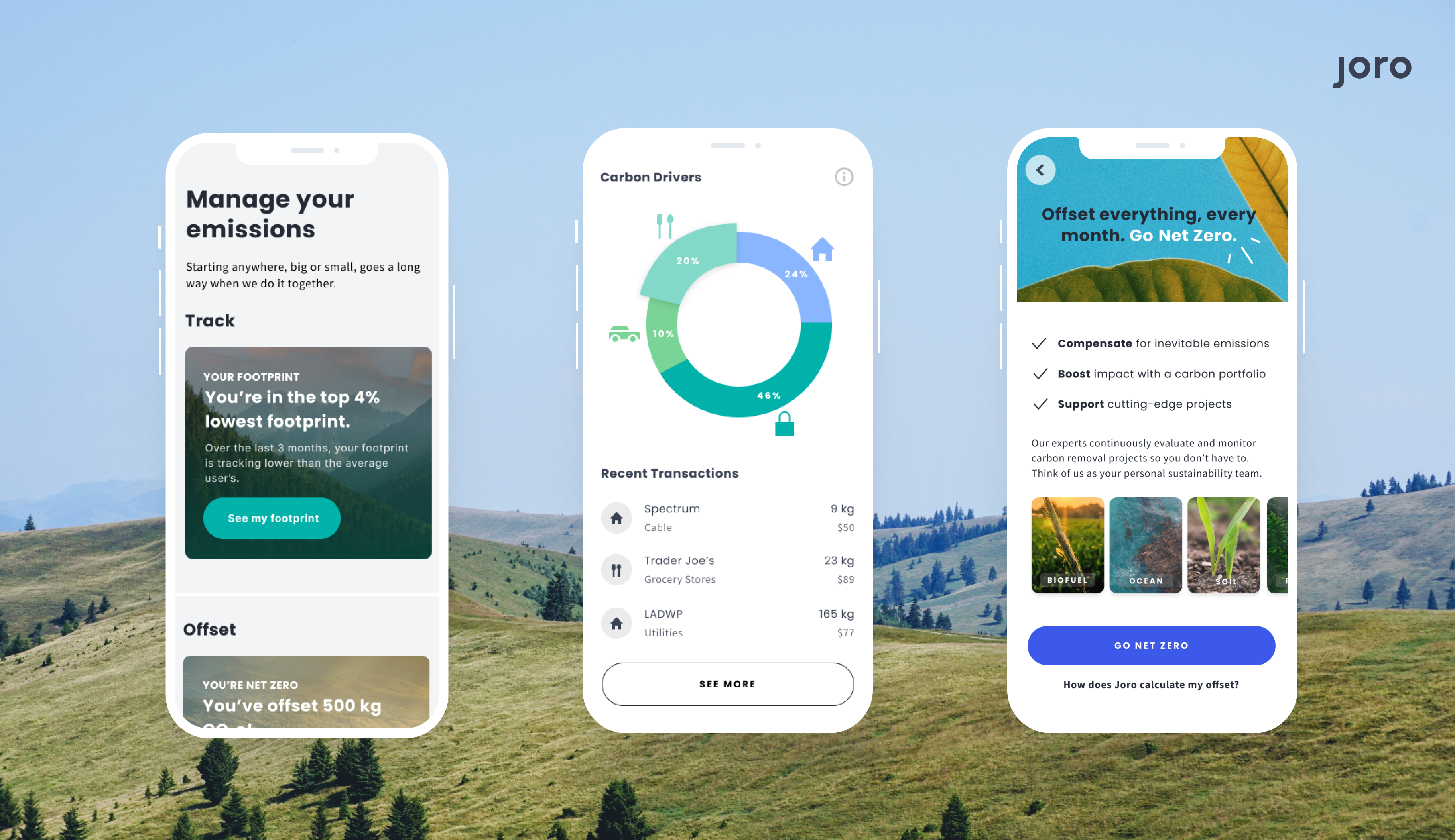 An image with three phone screens showcasing how to track your carbon footprint on the Joro app