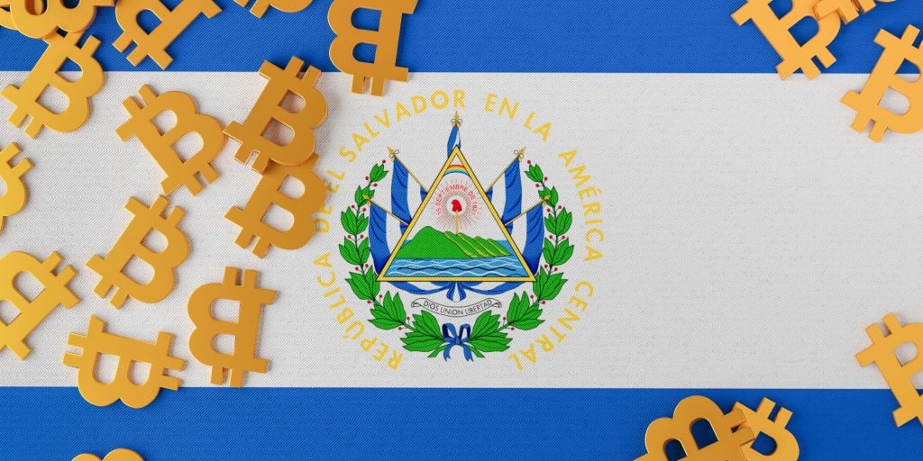 El Salvador vlag met bitcoin iconen