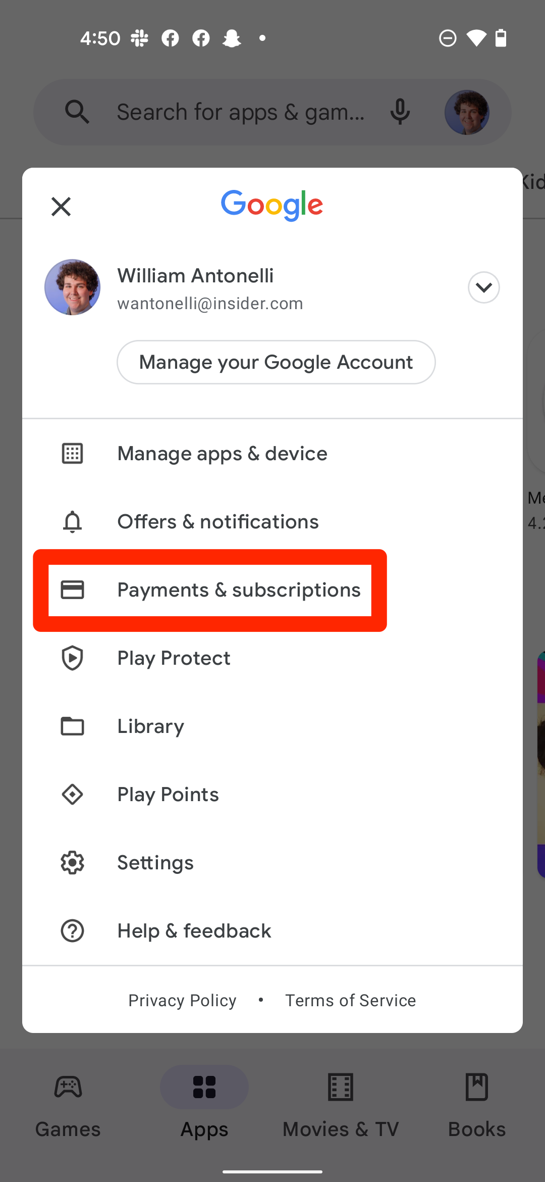 The Google menu in an Android phone's Google Play Store app. The "Payments & subscriptions" option is highlighted.