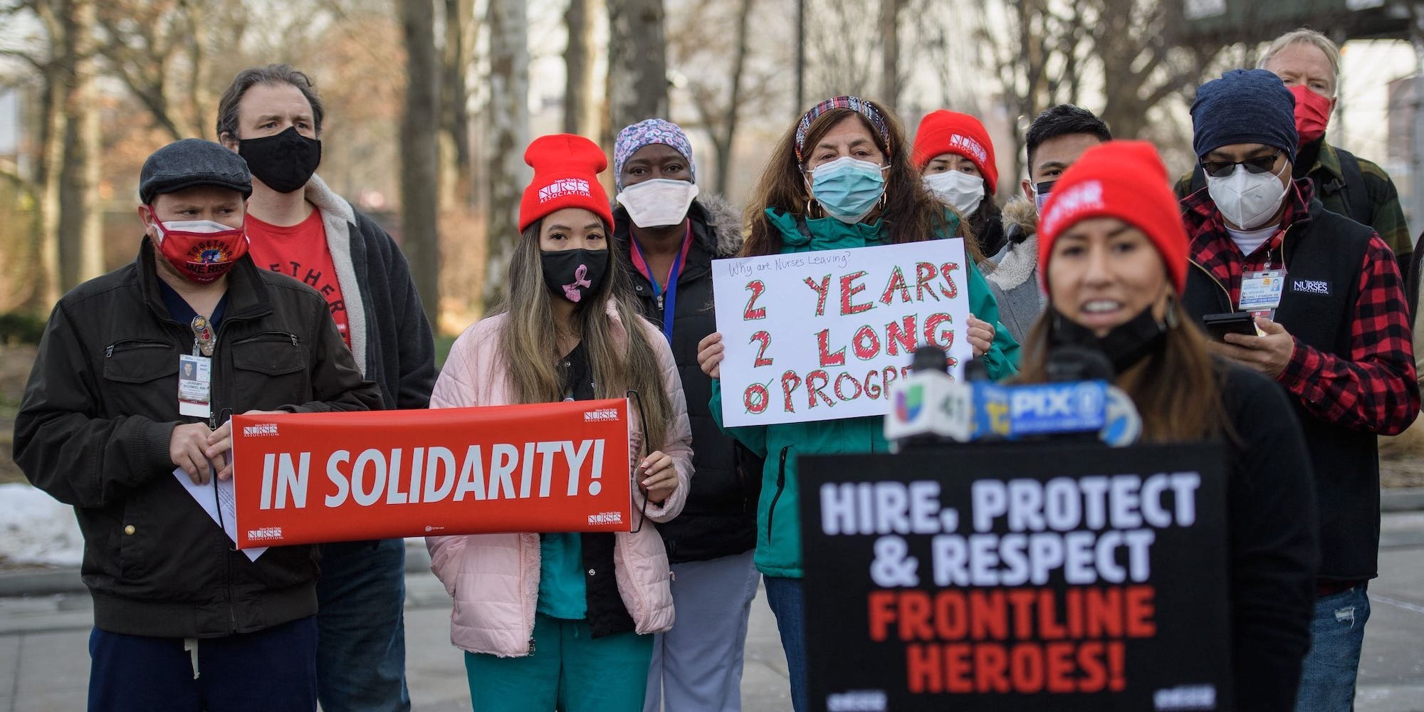 Nurses of the New York State Nurses Association attend a press conference on the COVID-19 public health crisis engulfing Jacobi Medical Center and other New York health hospital facilities on January 13, 2022 in New York City.