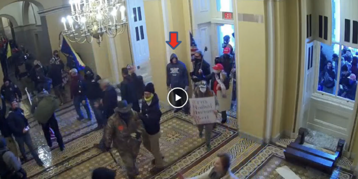 A screenshot of surveillance footage showing Kenneth Rader inside the Capitol building on January 6.