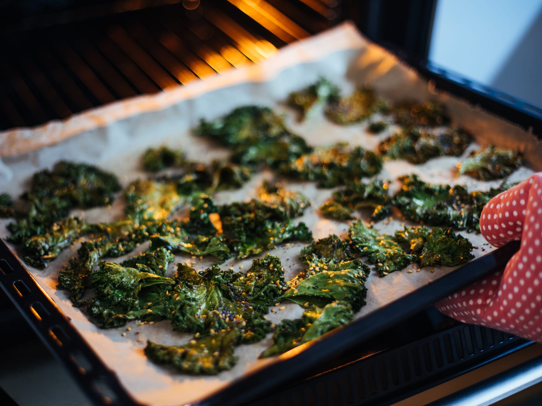Kale chips coming out of the oven