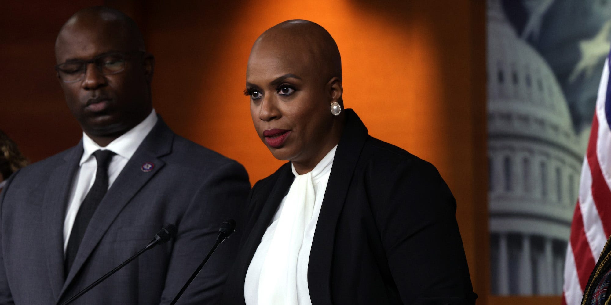 Reps. Ayanna Pressley and Jamaal Bowman at a news conference at the Capitol on December 8, 2021.