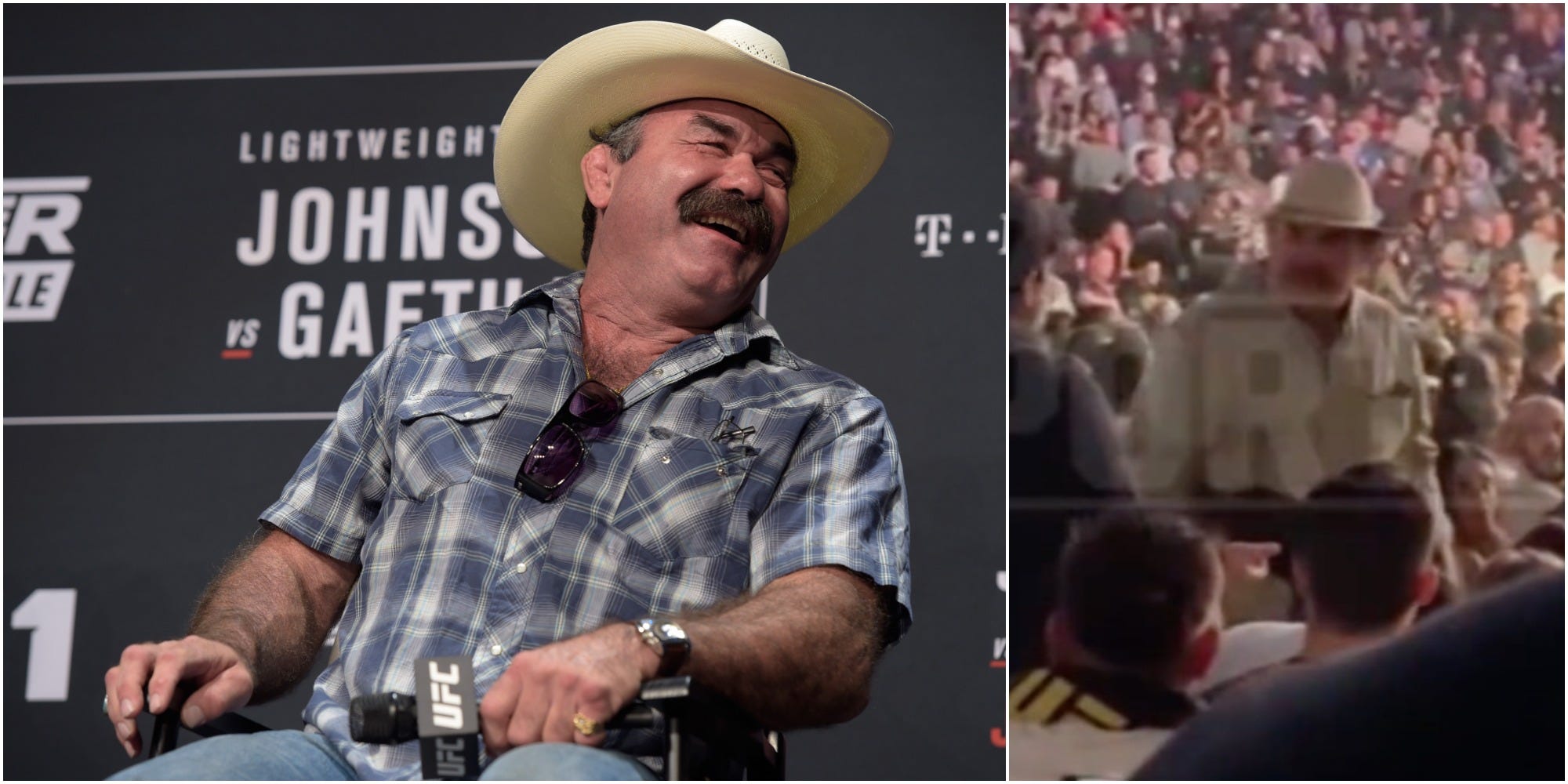 A side-by-side image of Don Frye seen laughing at a UFC press conference and him during an altercation with a fan at UFC 270.
