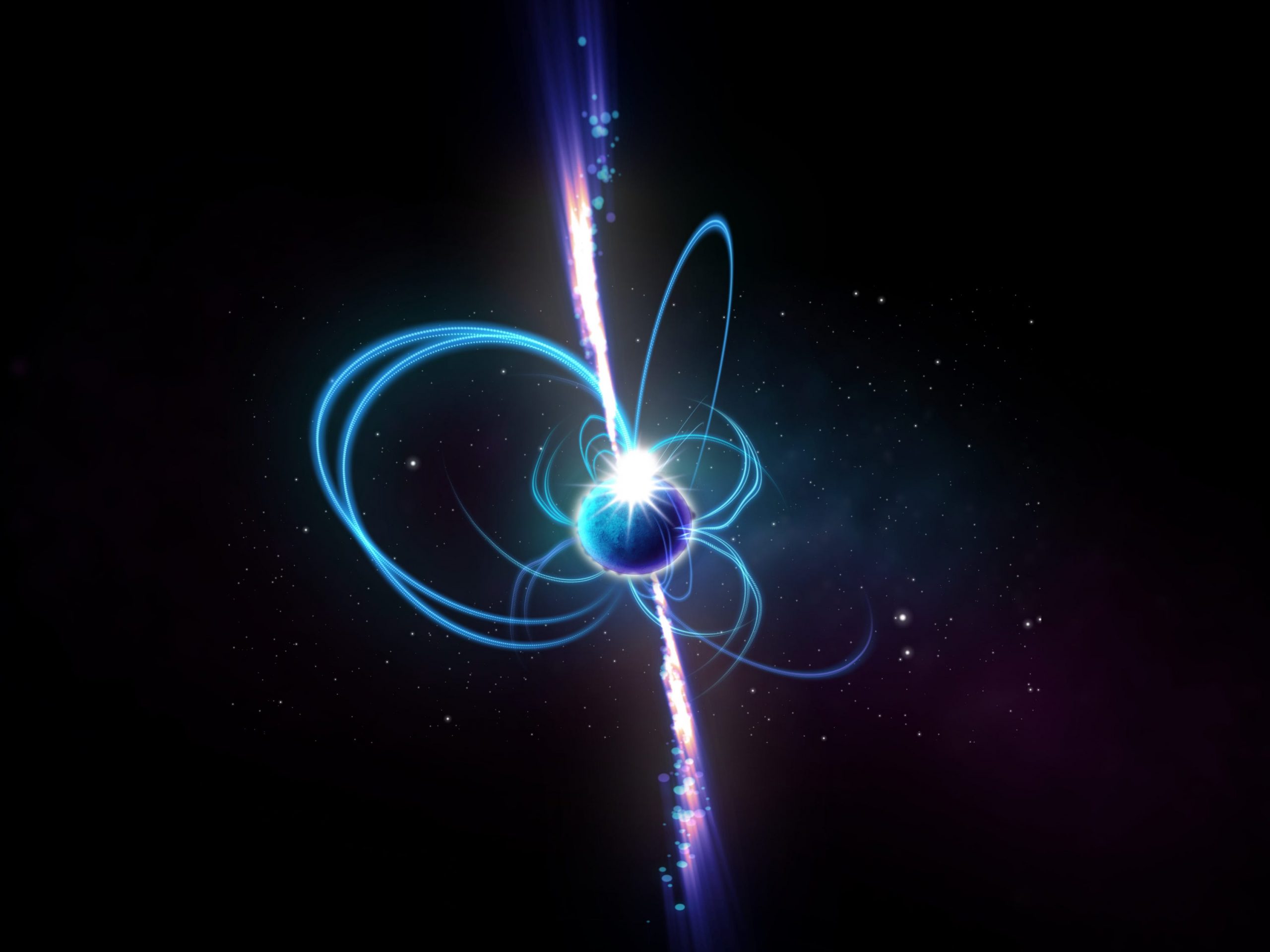 illustration of magnetar glowing sphere with magnetic field lines looping outwards