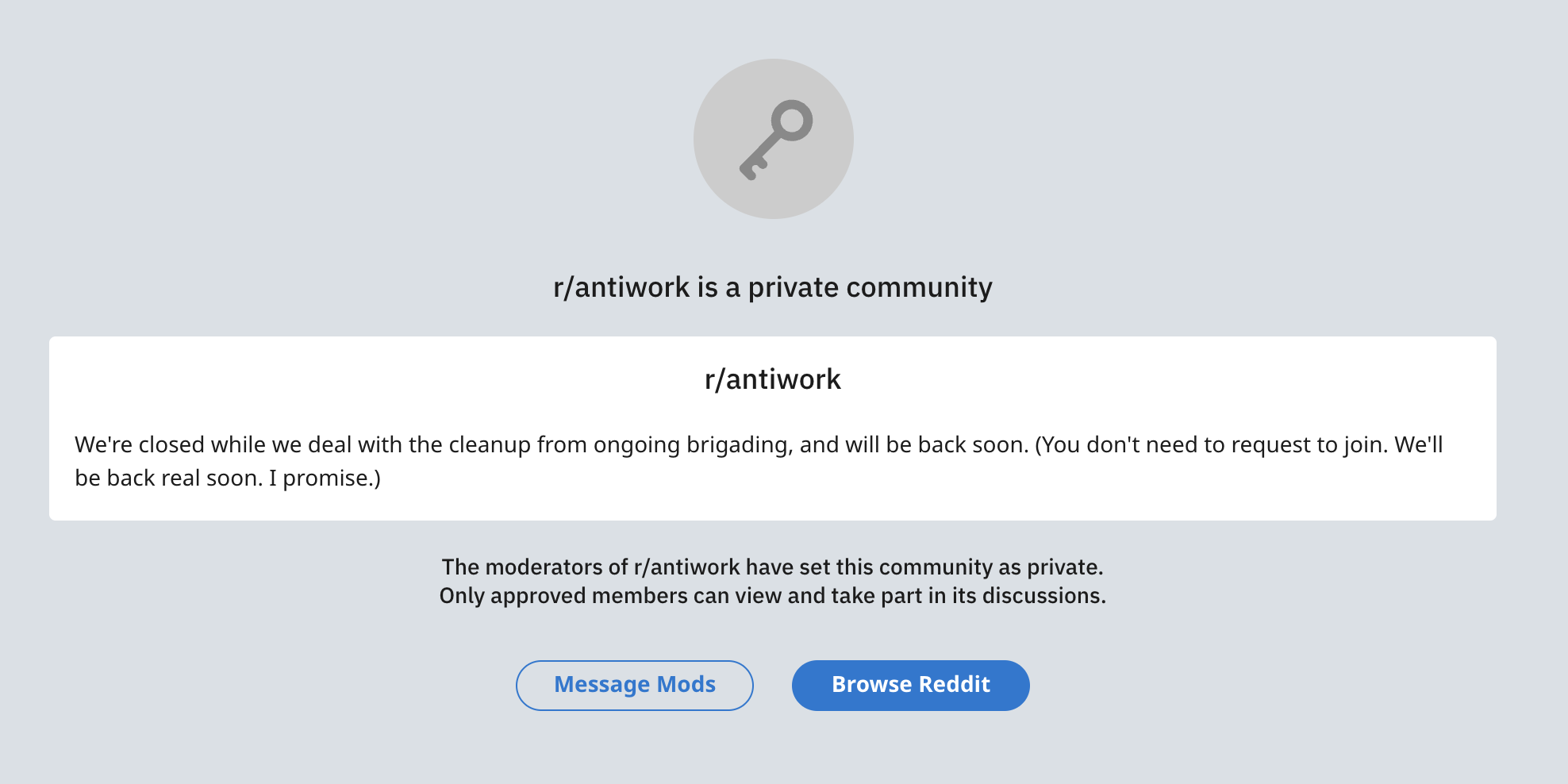 The message on the r/antiwork subreddit says that the community is private.