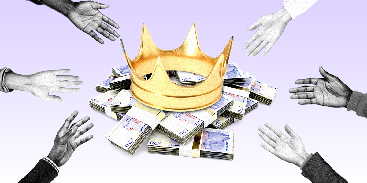 Hands reaching for a pile of money underneath a crown