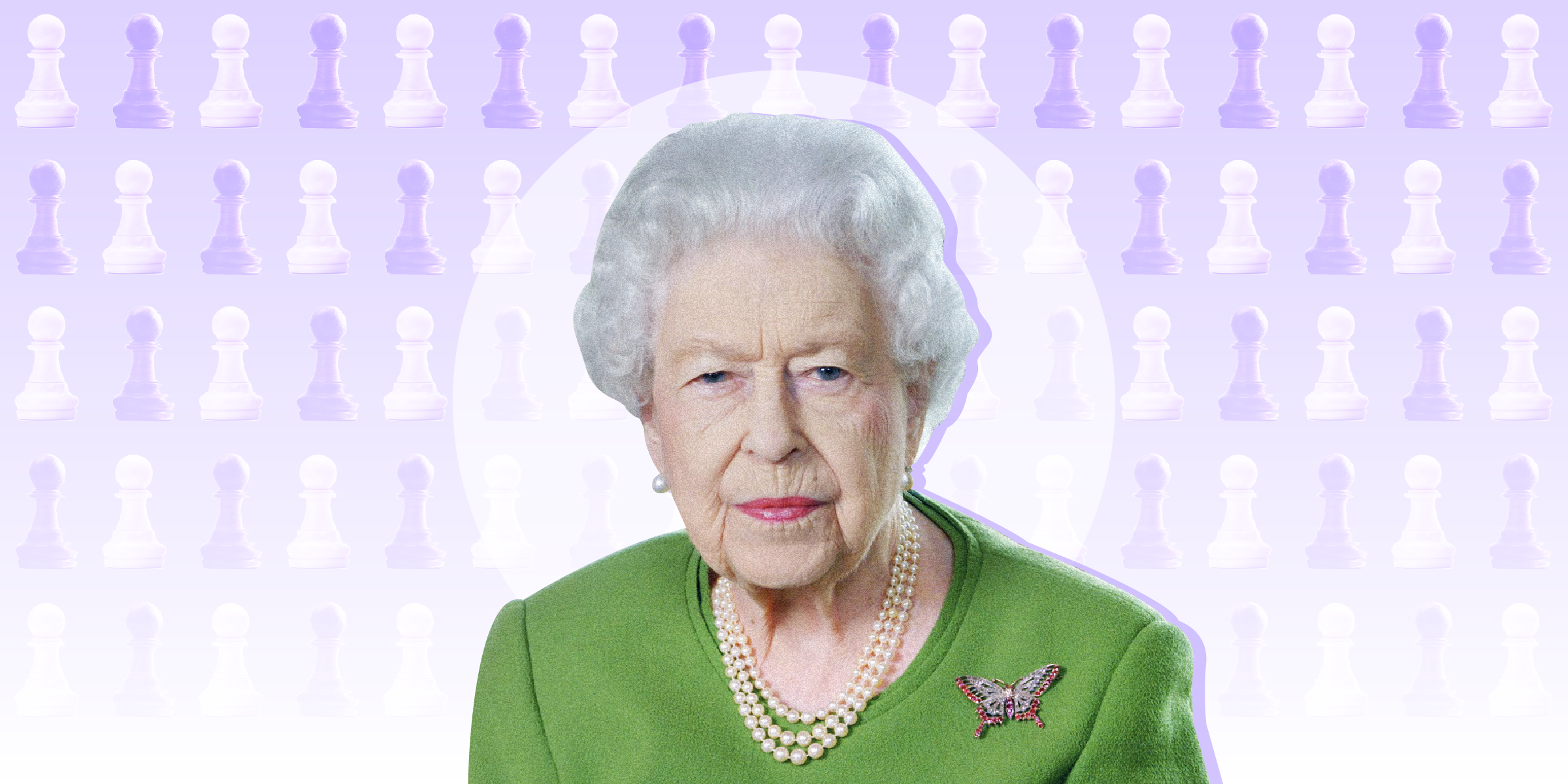Queen Elizabeth against a purple background with chess pawns
