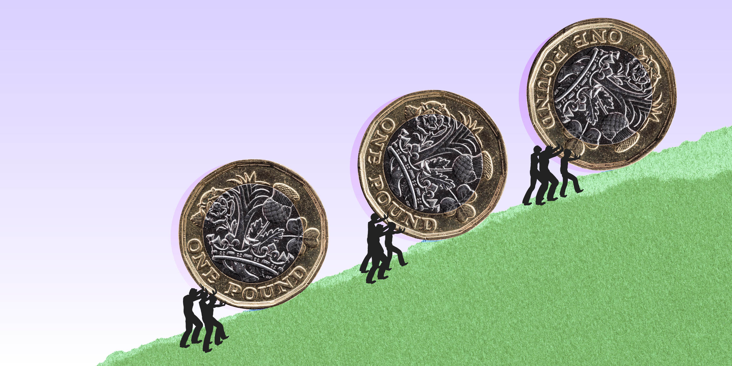 silhouettes of miniature people rolling three large pound coins up a hill, against a purple background