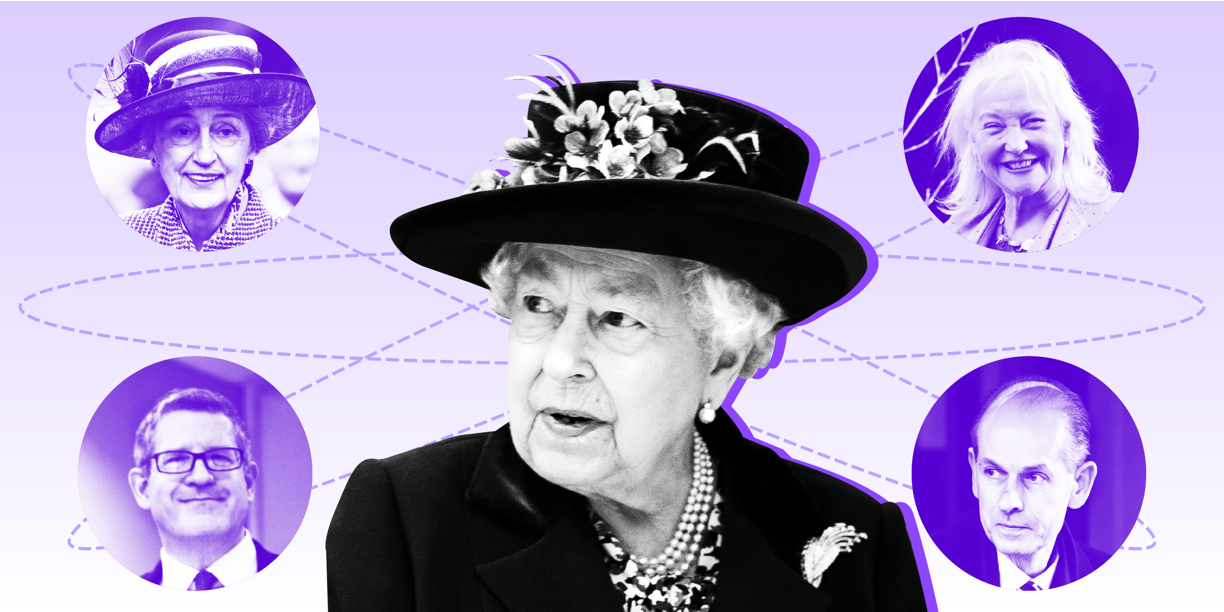 Queen Elizabeth on a purple background surrounded by four people in her orbit: Angela Kelly, Paul Whybrew, Lady Susan Hussey, and Andrew Parker