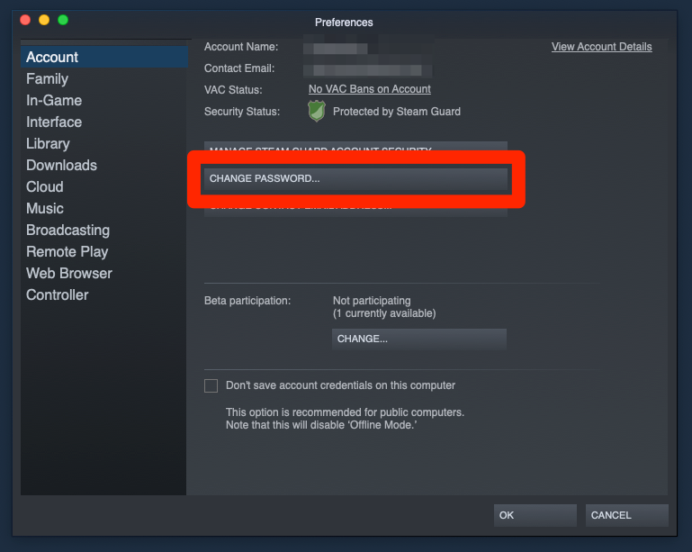 The Preferences window in Steam. The "Change Password" option is highlighted.
