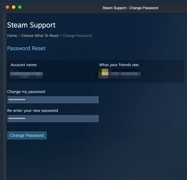 The page that lets a user change their Steam password.