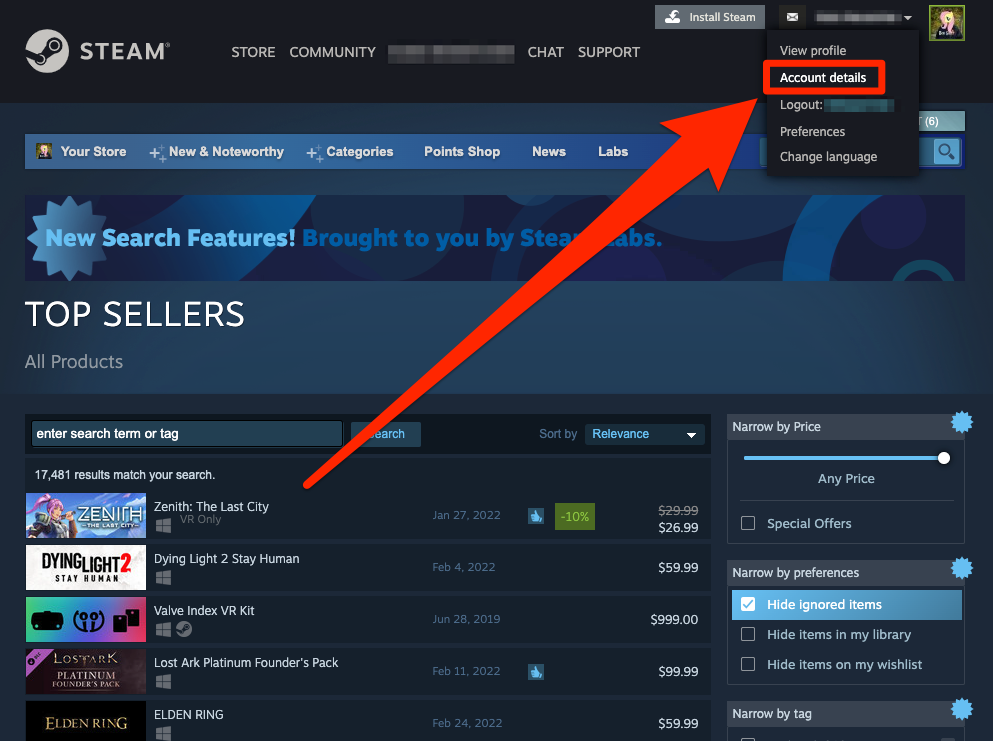 A section of the Steam website. The "Account details" option is highlighted.