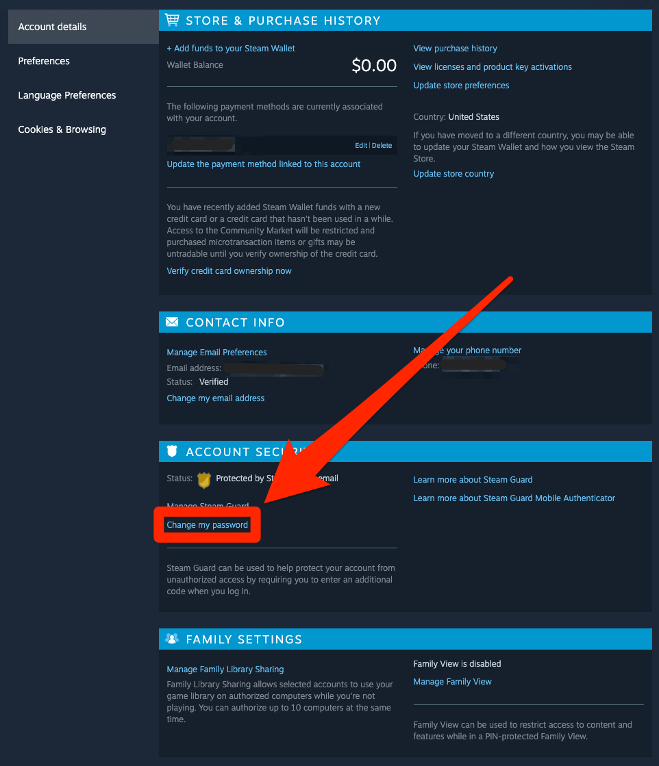 The "Account details" page on the Steam website. The "Change password" option is highlighted.