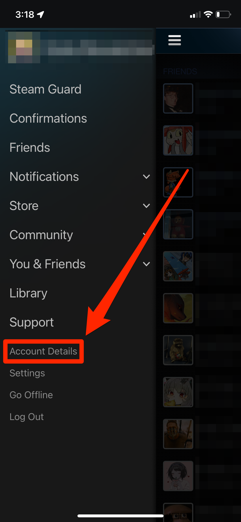 The sidebar menu in the Steam mobile app. The "Account Details" option is highlighted.