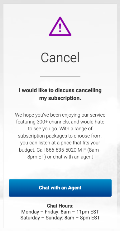 The page on SiriusXM's website that describes how to cancel your service directly.