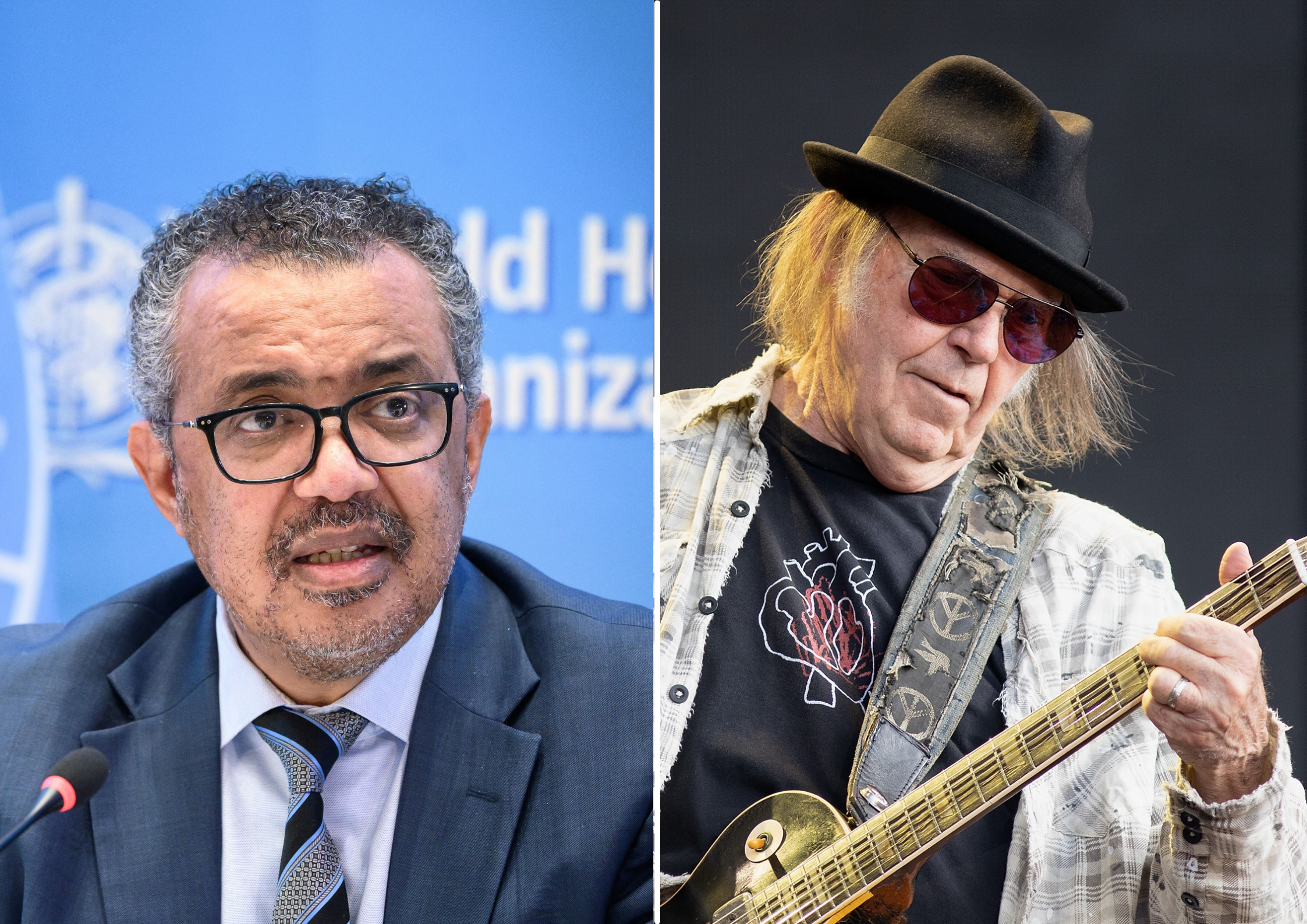 (Left) Tedros Adhanom Ghebreyesus speaks during a press conference, (Right) Neil Young performs on stage at Barclaycard Presents British Summer Time at Hyde Park