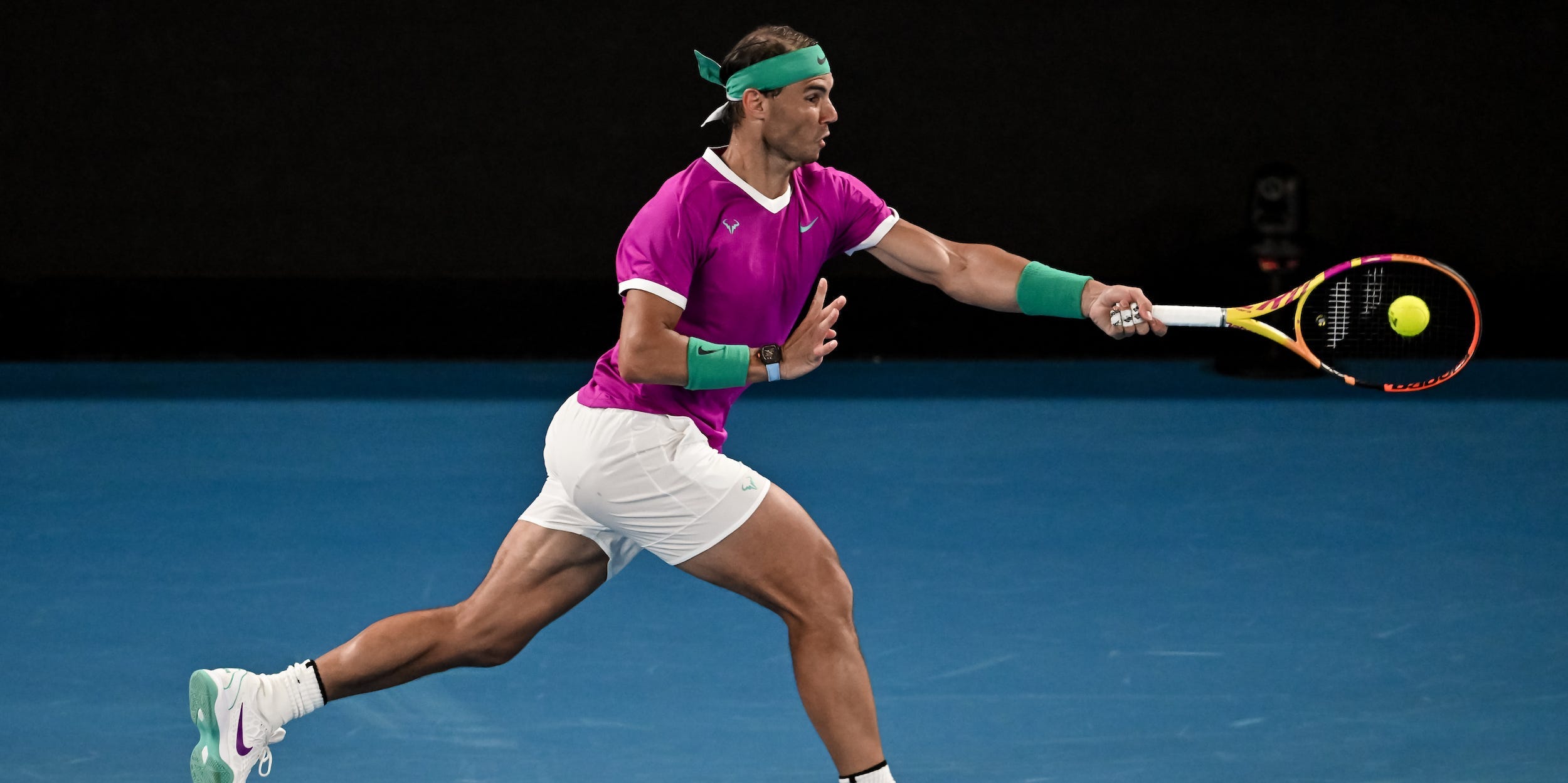 Rafael Nadal plays a groundstroke during his semifinal win against Matteo Berrettini at the 2022 Australian Open.