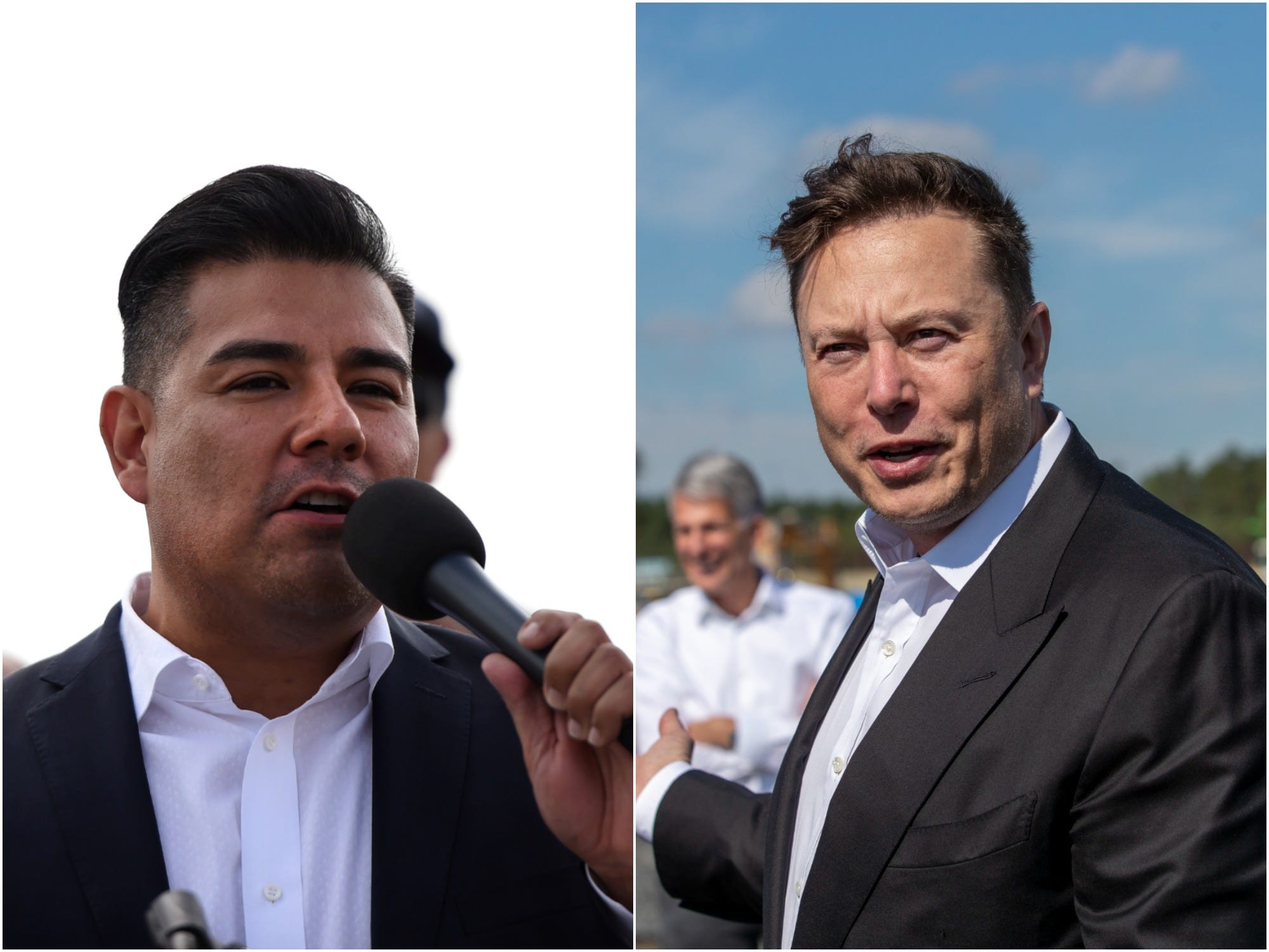 Ricardo Lara, California's Insurance Commissioner, next to Tesla CEO Elon Musk