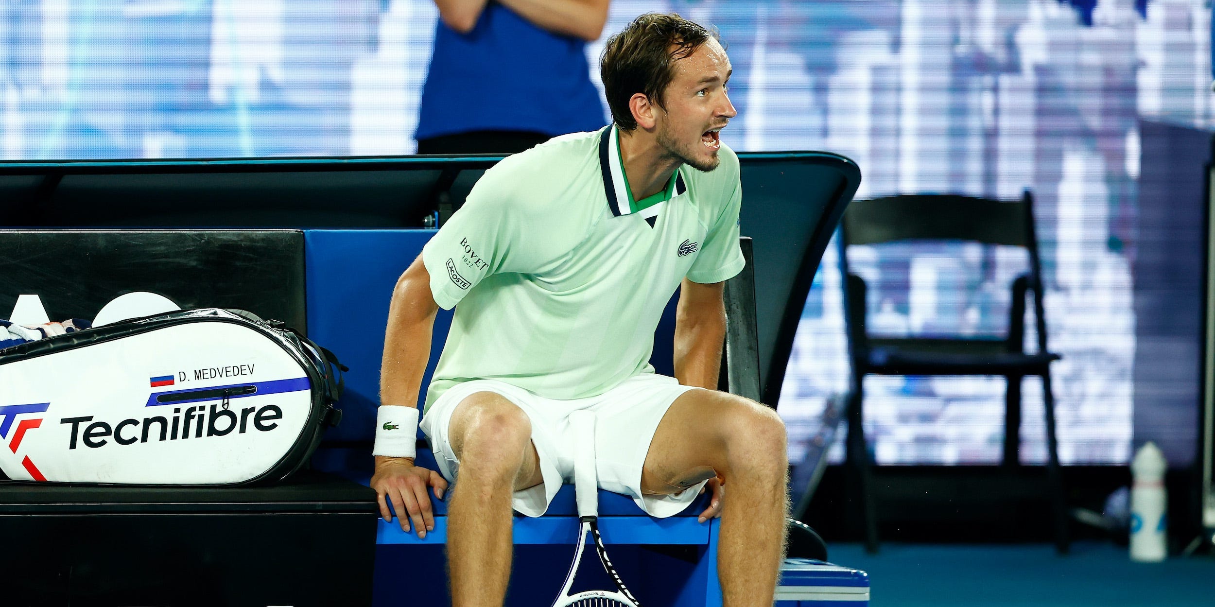 Daniil Medvedev of Russia speaks to the chair umpire in his Men's Singles semi-final match against Stefanos Tsitsipas of Greece during day 12 of the 2022 Australian Open