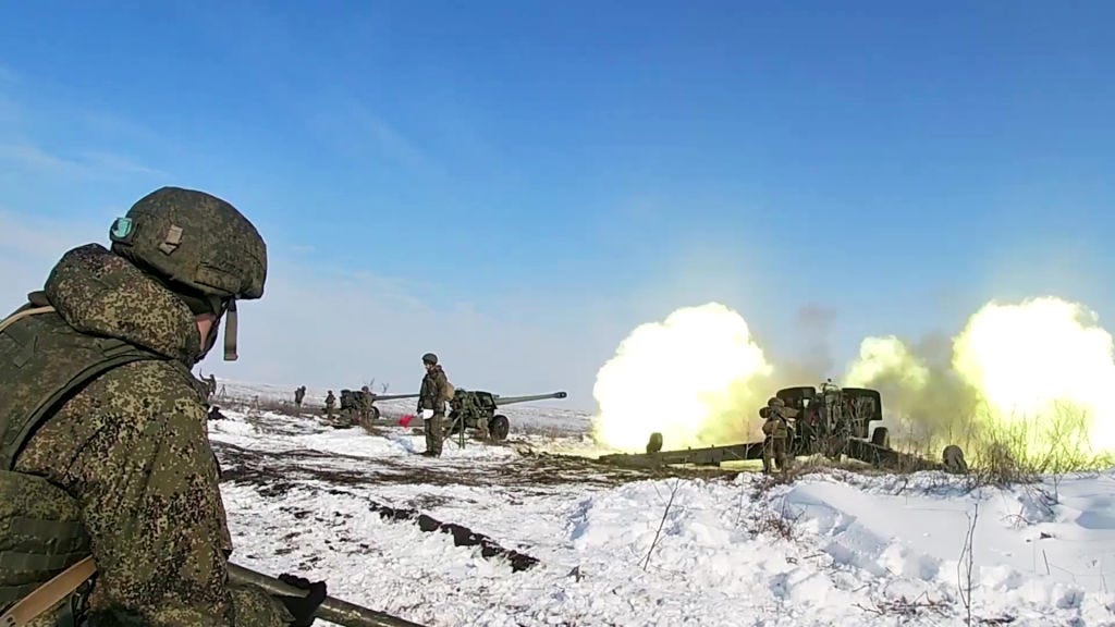 Russian servicemen from the units of the 150th Motor Rifle Division of the Southern Military District take part in exercises on the training grounds in the Rostov Region, Russia, on January 28, 2022