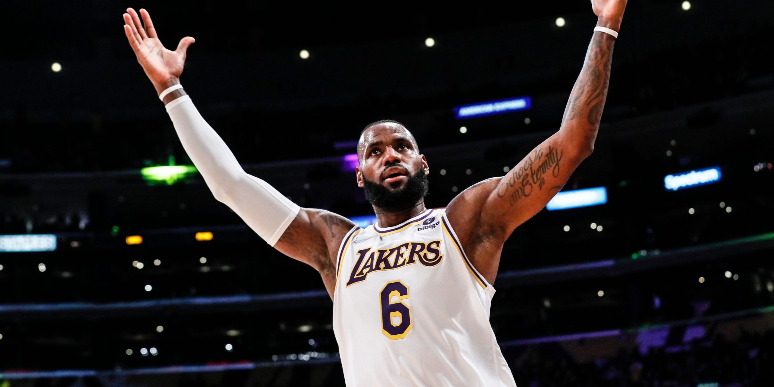 Los Angeles Lakers forward LeBron James exults while leading his team on a second half run against the Detroit Pistons at Staples Center.