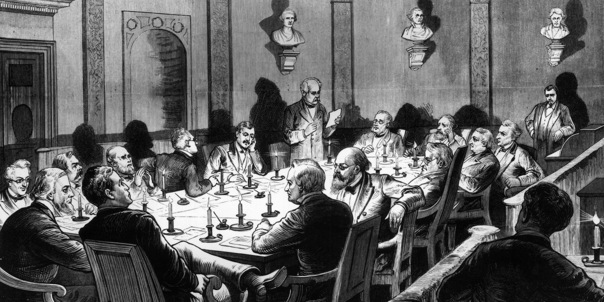 The Electoral Commission of 1877 holds a secret session by candlelight in Washington, DC. The commission was set up to decide the result of the controversial presidential election between Rutherford B Hayes and Samuel J Tilden, and resulted in the 22 contested votes from Florida, Louisiana, Oregon and South Carolina being eventually awarded to Hayes.