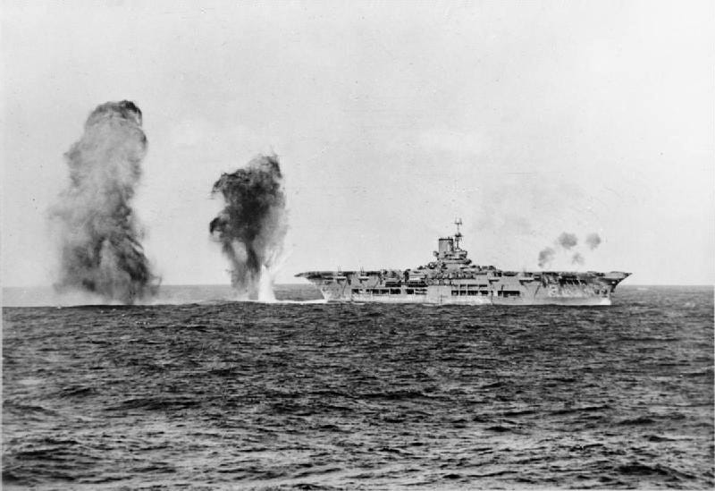 HMS Ark Royal under bomb attack at Battle of Cape Spartivento