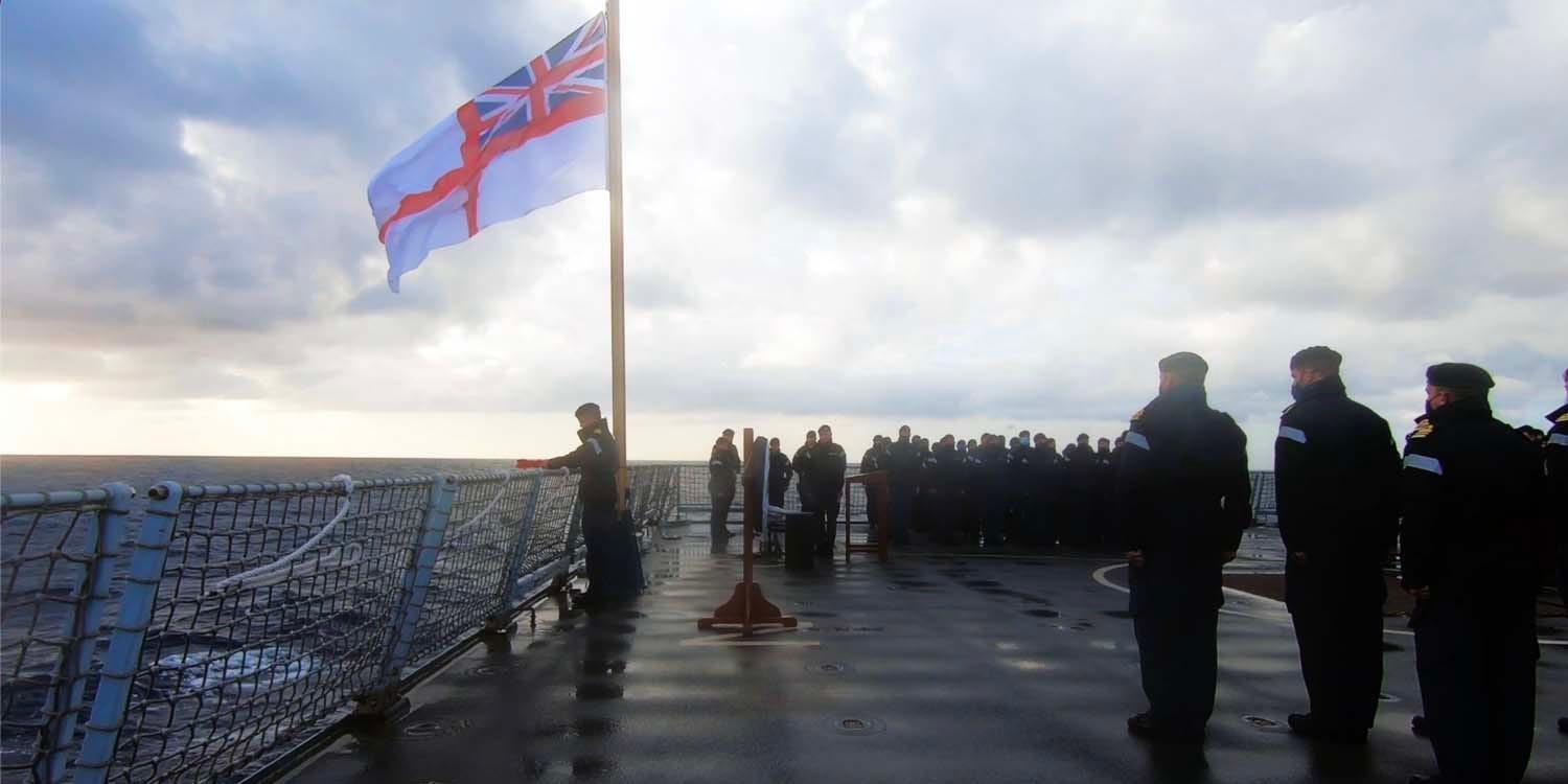 Sailors aboard HMS Dragon during ceremony for HMS Ark Royal