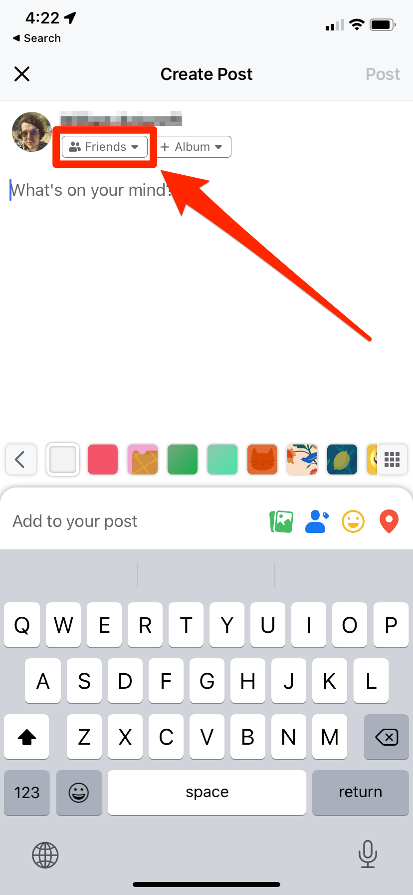 The "Create Post" page in the Facebook mobile app.