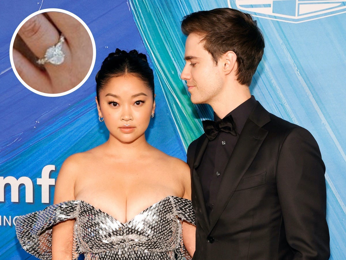 A photo of Lana Condor and Anthony De La Torre with an inset of her engagement ring.