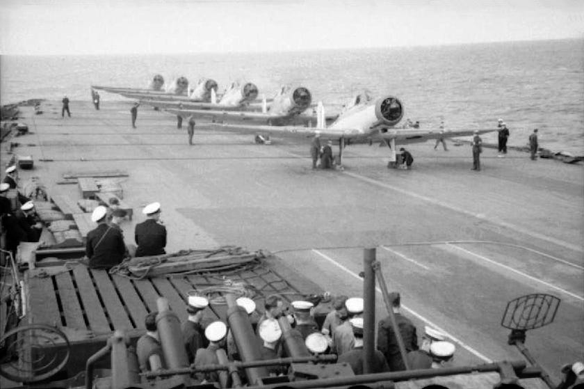 Blackburn Skua fighter-bombers on HMS Ark Royal