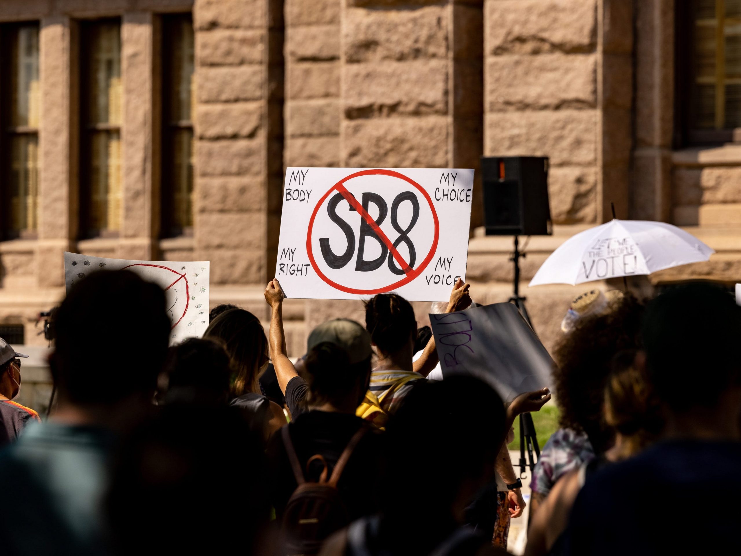 Abortion rights activists rally at the Texas State Capitol against SB 8, which prohibits abortions in Texas after a fetal heartbeat is detected on an ultrasound, on September 11, 2021 in Austin, Texas.