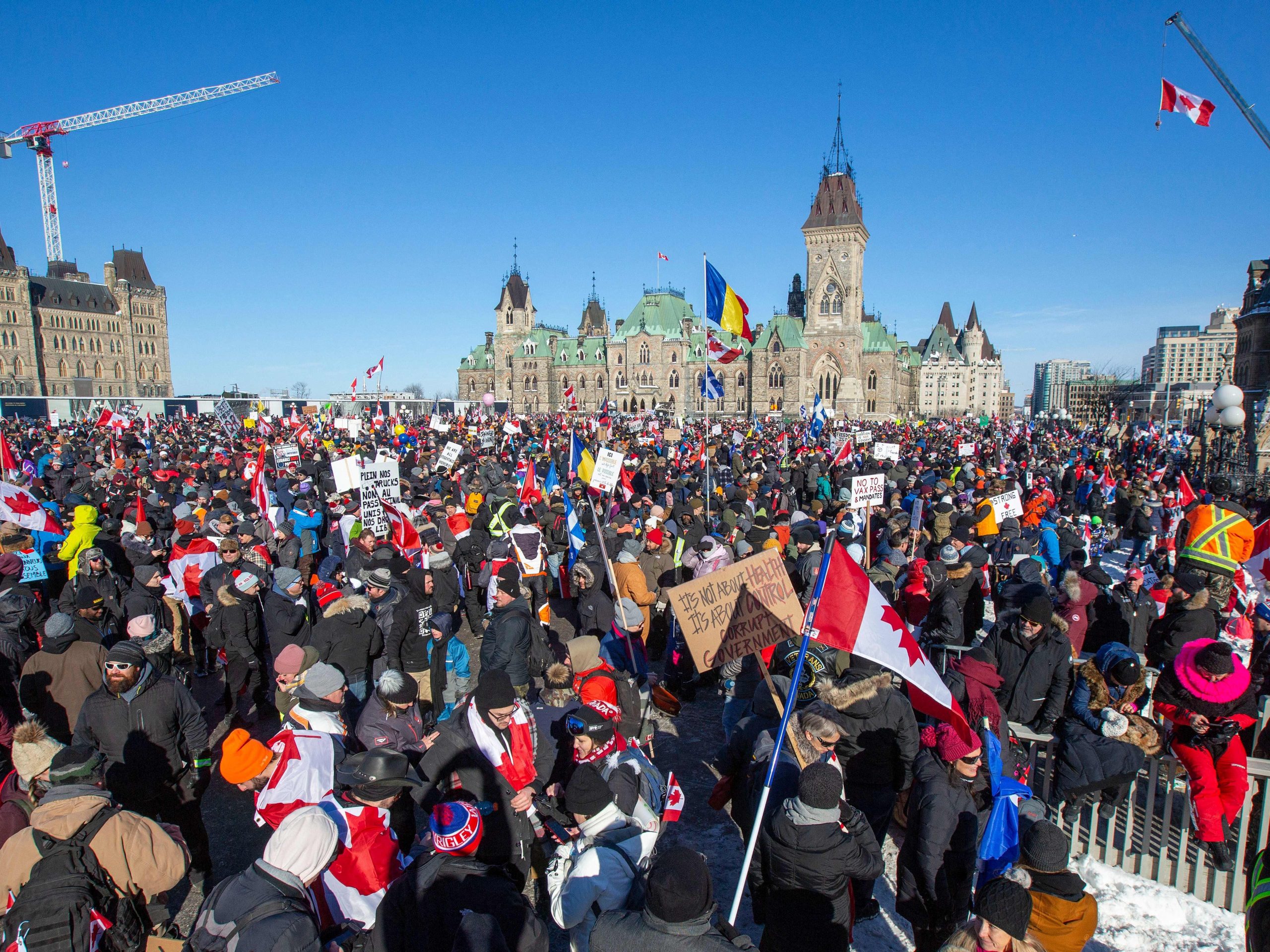 Supporters fill the street at Parliament Hill for the Freedom Truck Convoy to protest against Covid-19 vaccine mandates and restrictions in Ottawa, Canada, on January 29, 2022.
