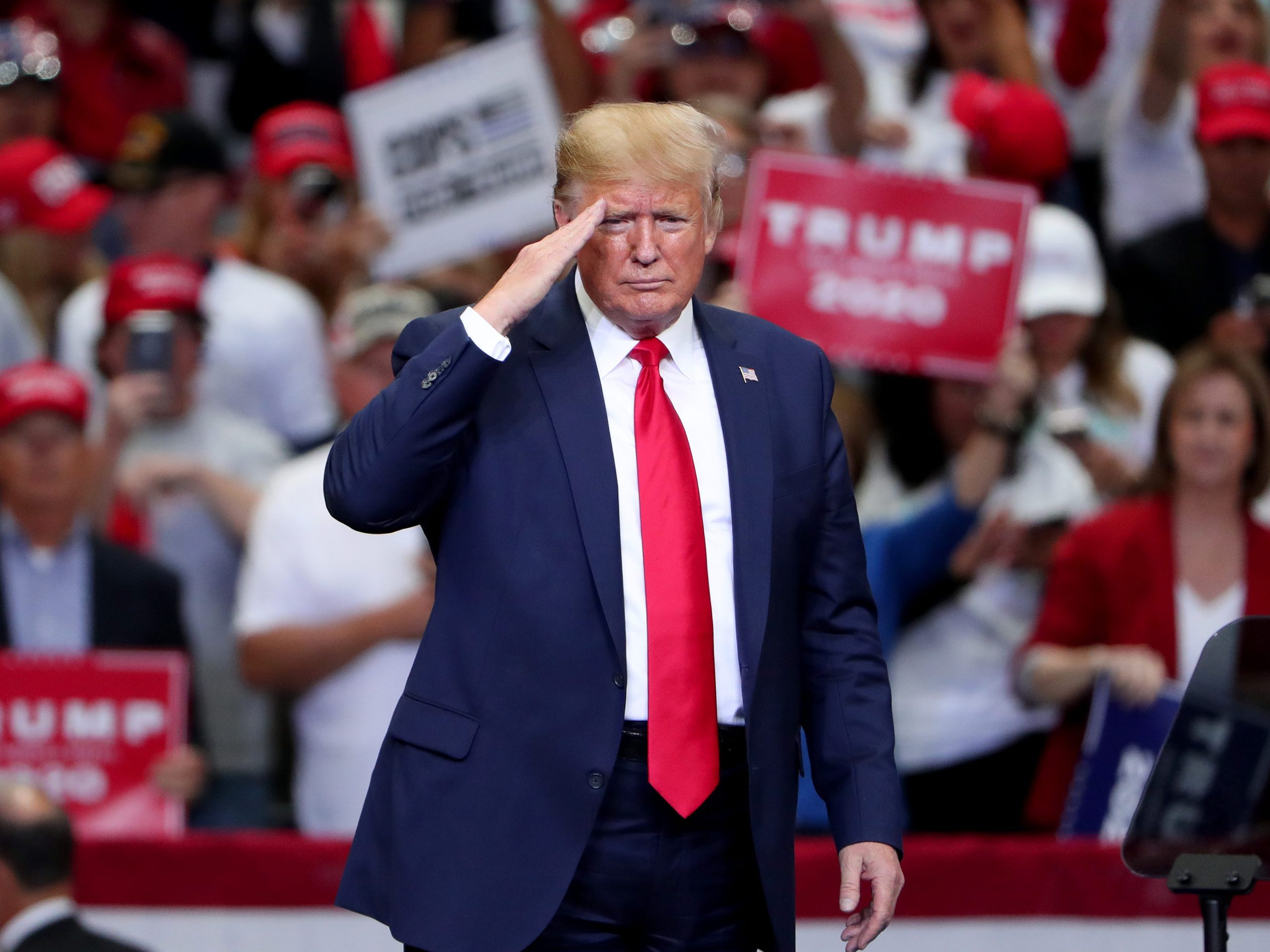 U.S. President Donald Trump speaks during a "Keep America Great" Campaign Rally at American Airlines Center on October 17, 2019 in Dallas, Texas.