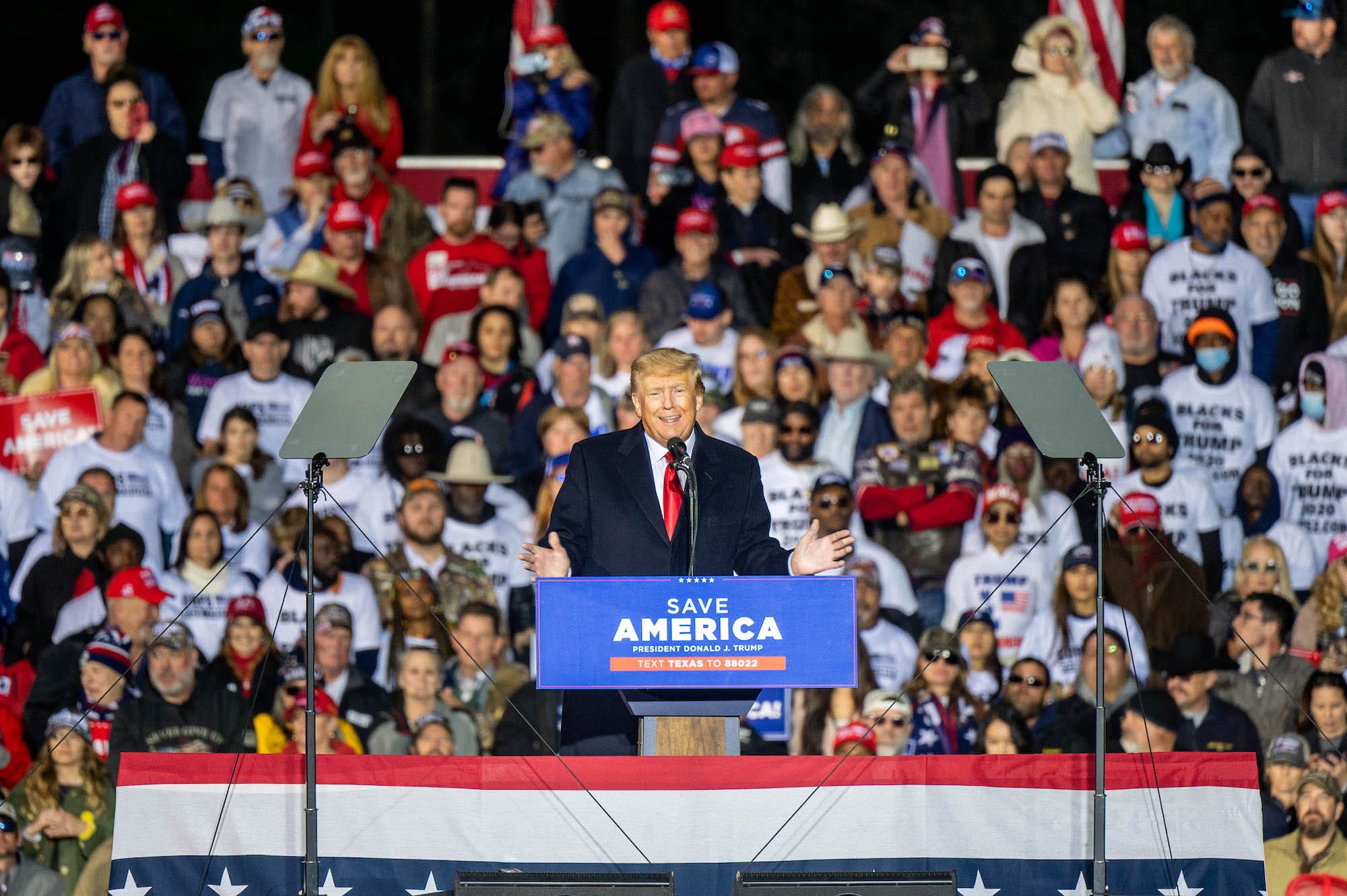 Former President Donald Trump speaks during the 'Save America' rally at the Montgomery County Fairgrounds on January 29, 2022 in Conroe, Texas.