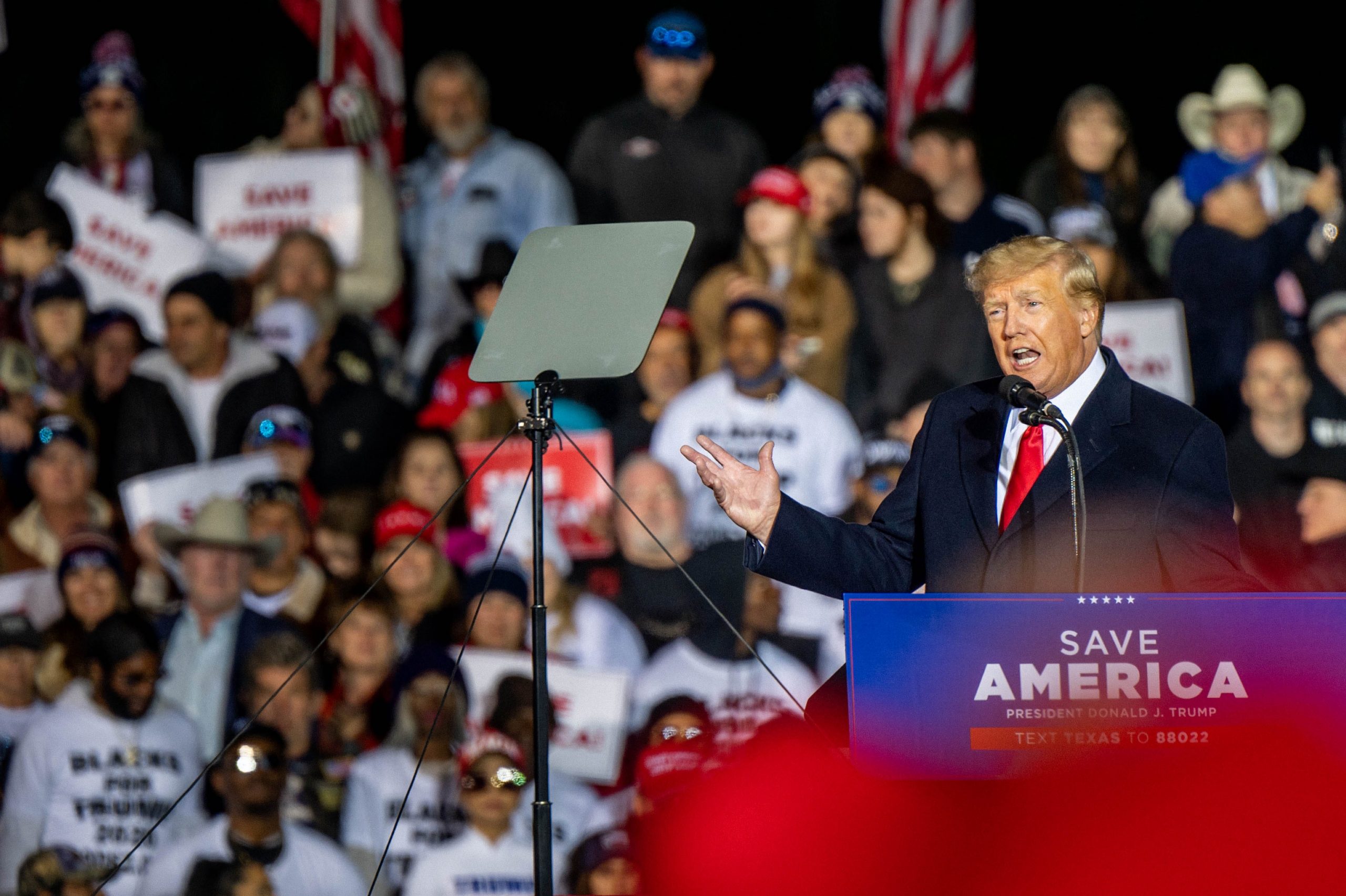 Former President Donald Trump speaks during the 'Save America' rally at the Montgomery County Fairgrounds on January 29, 2022 in Conroe, Texas