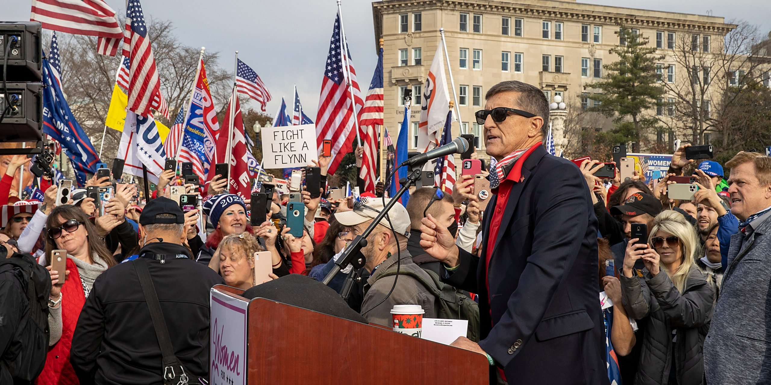 Former General Michael Flynn, President Donald Trump’s recently pardoned national security adviser, speaks during a protest of the outcome of the 2020 presidential election outside the Supreme Court on December 12, 2020 in Washington, DC.