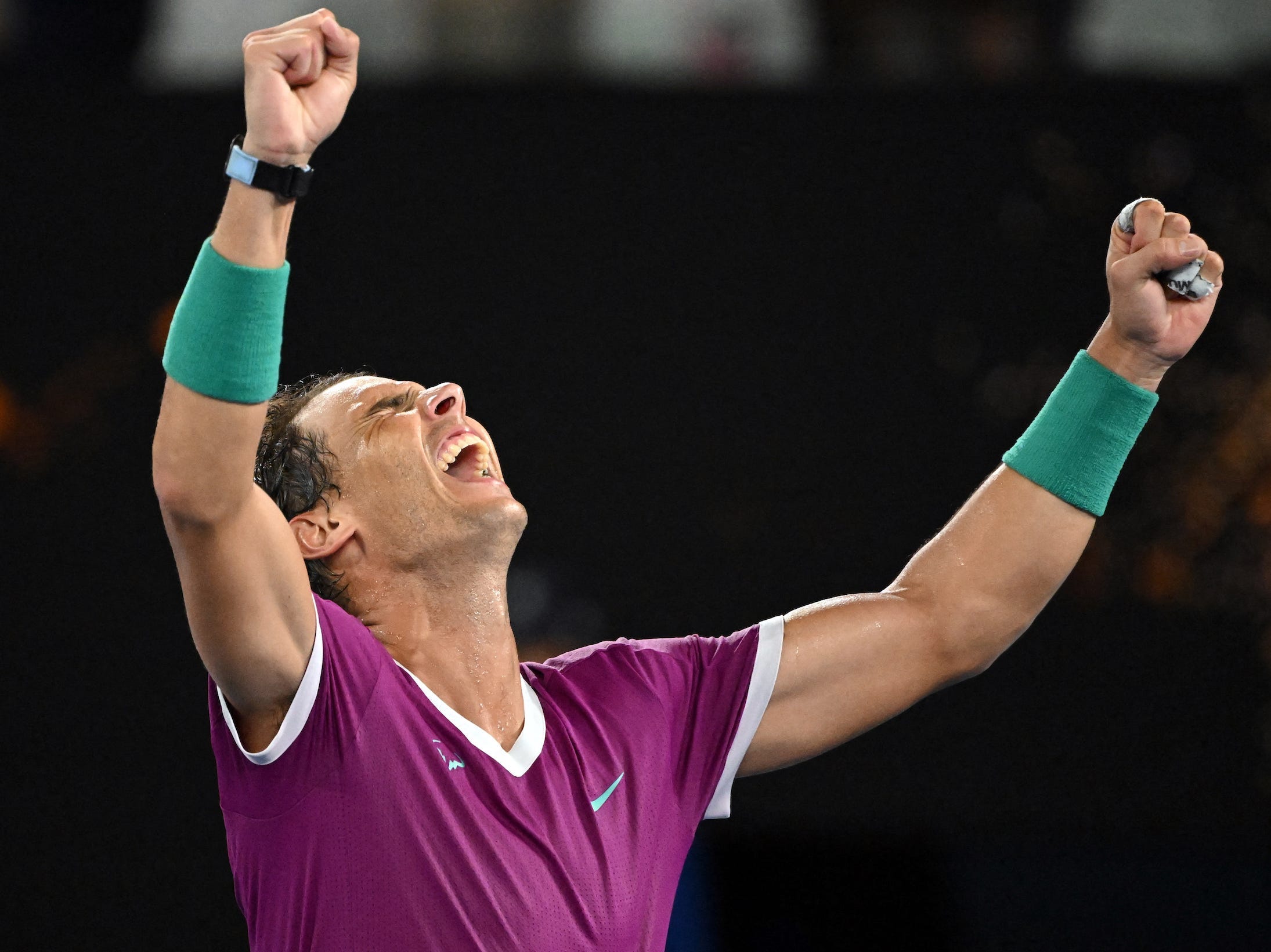 Rafael Nadal celebrates winning the 2022 Australian Open.
