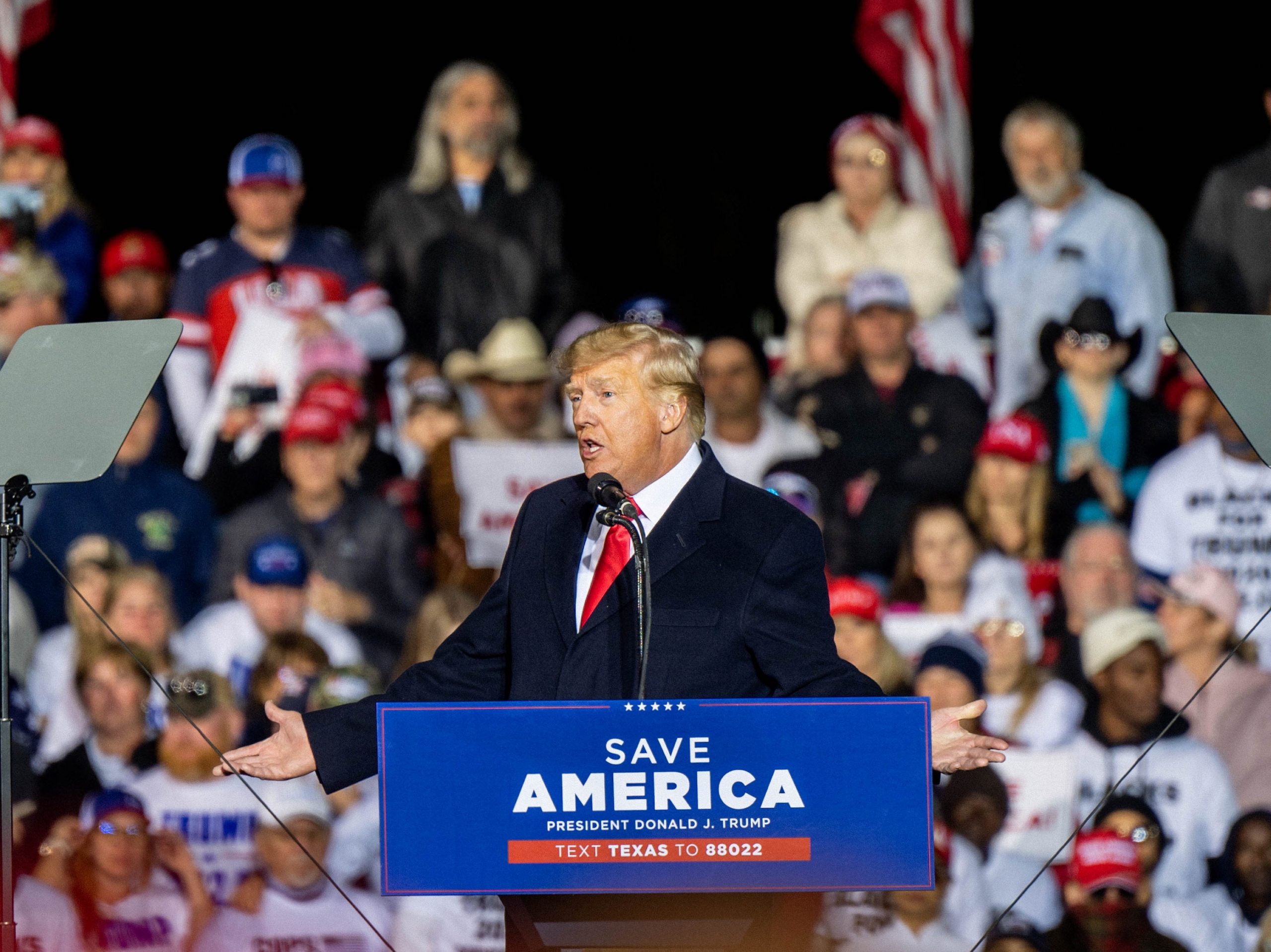 Former President Donald Trump speaks during the 'Save America' rally at the Montgomery County Fairgrounds on January 29, 2022 in Conroe, Texas.