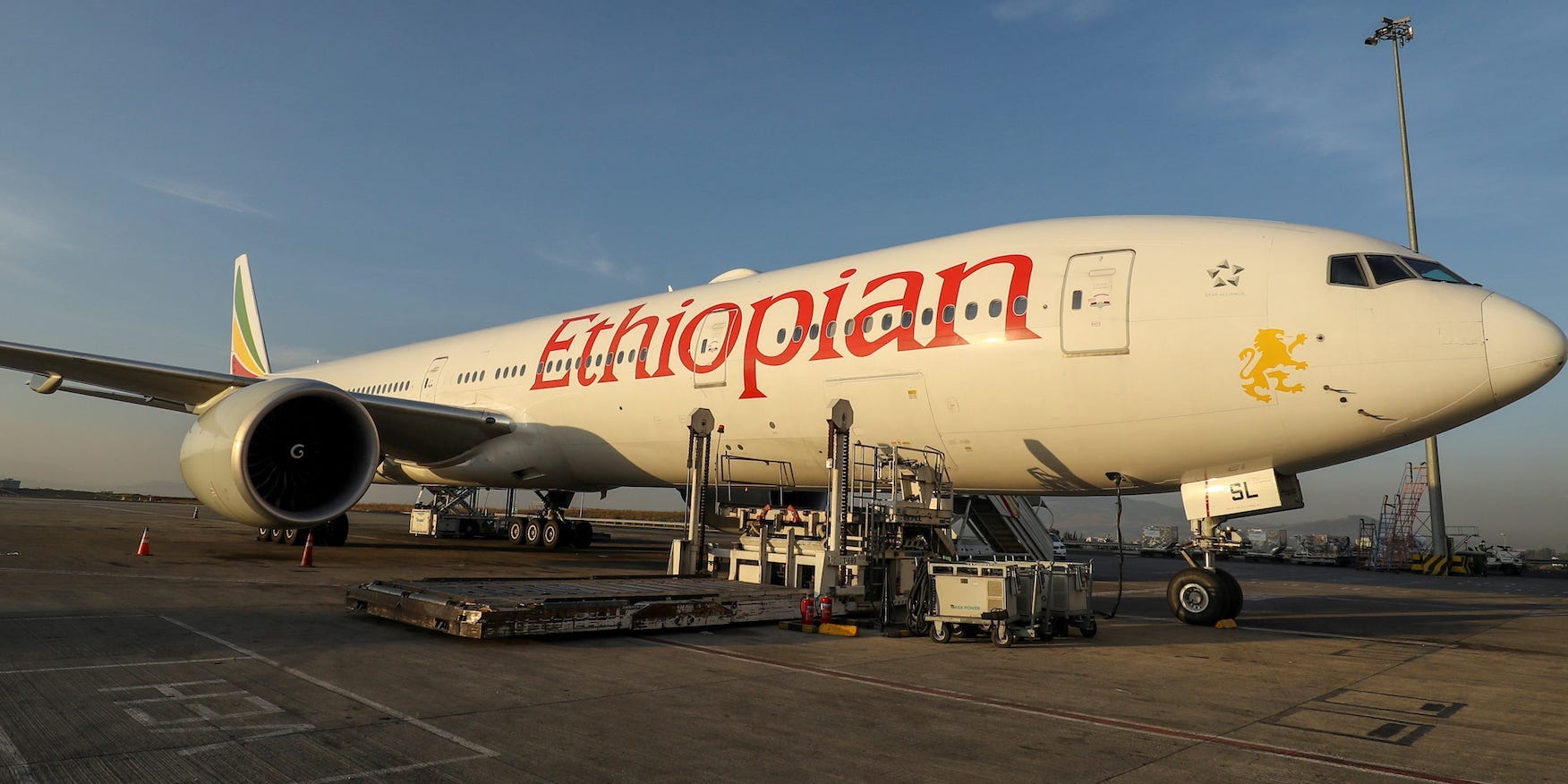 An Ethiopian Airlines plane sits on a runway