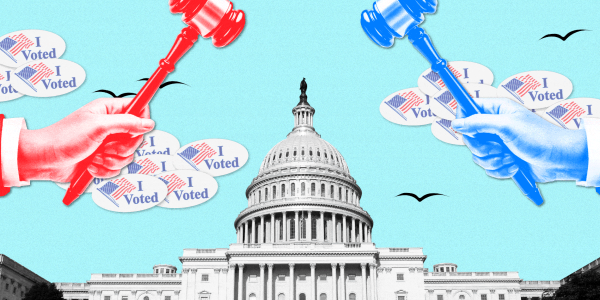 a red gavel and blue gavel hammering at the capitol against a blue sky with clouds composed of "I Voted" stickers that emit lightning after the building cracks