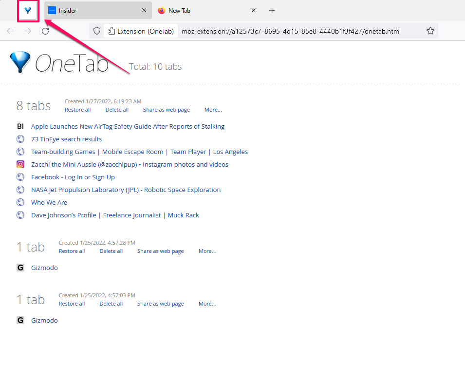 OneTab Firefox extension