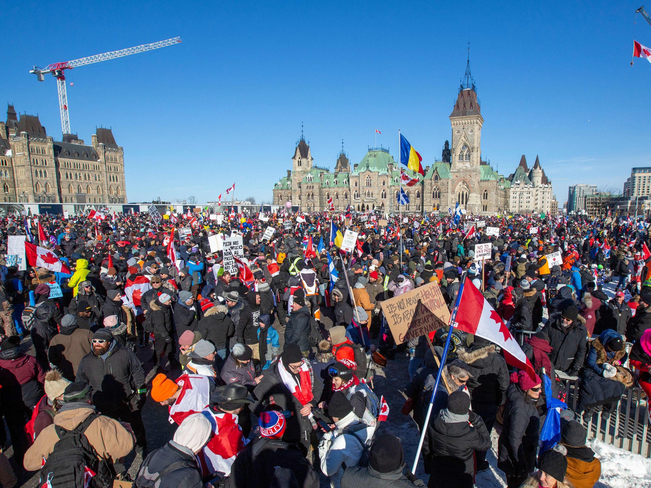 Supporters fill the street at Parliament Hill for the Freedom Truck Convoy to protest against Covid-19 vaccine mandates and restrictions in Ottawa, Canada, on January 29, 2022.