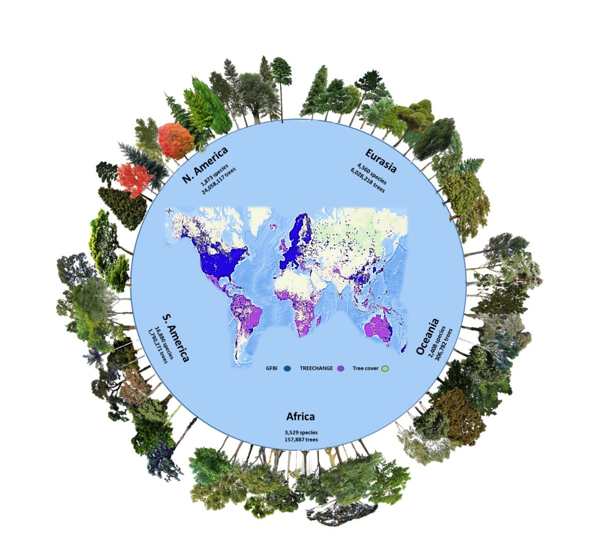 globe chart with trees by continent