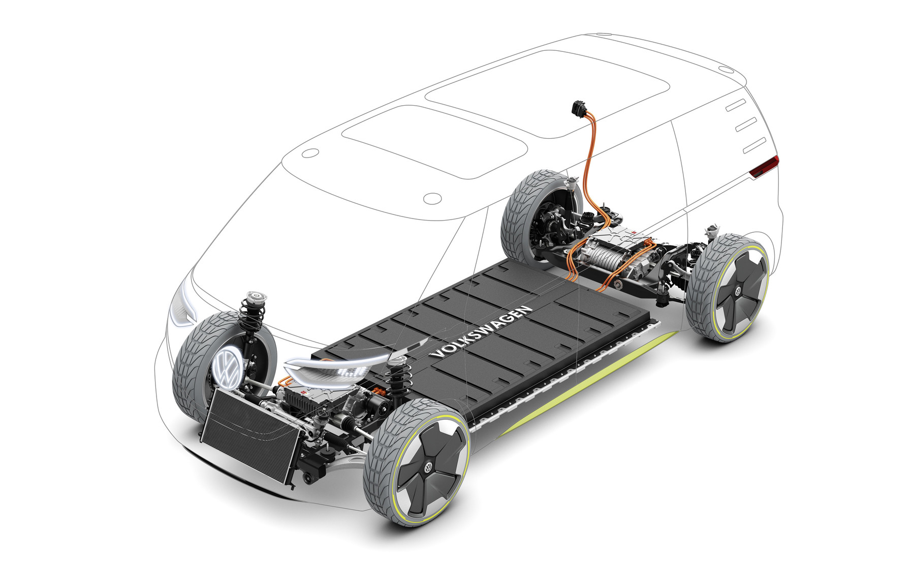 Volkswagen MEB-platform met accupakket in het midden van de ID.Buzz. Afbeelding: Volkswagen