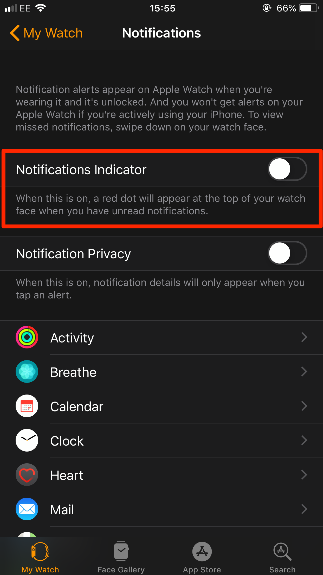 The Notifications page in the iPhone's Watch app.