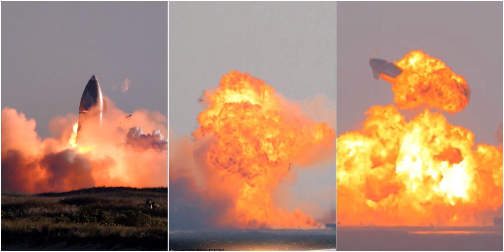 Drie eerdere suborbitale Starship-testvluchten resulteerden in explosies. Foto's: Gene Blevins/Reuters; SPadre.com
