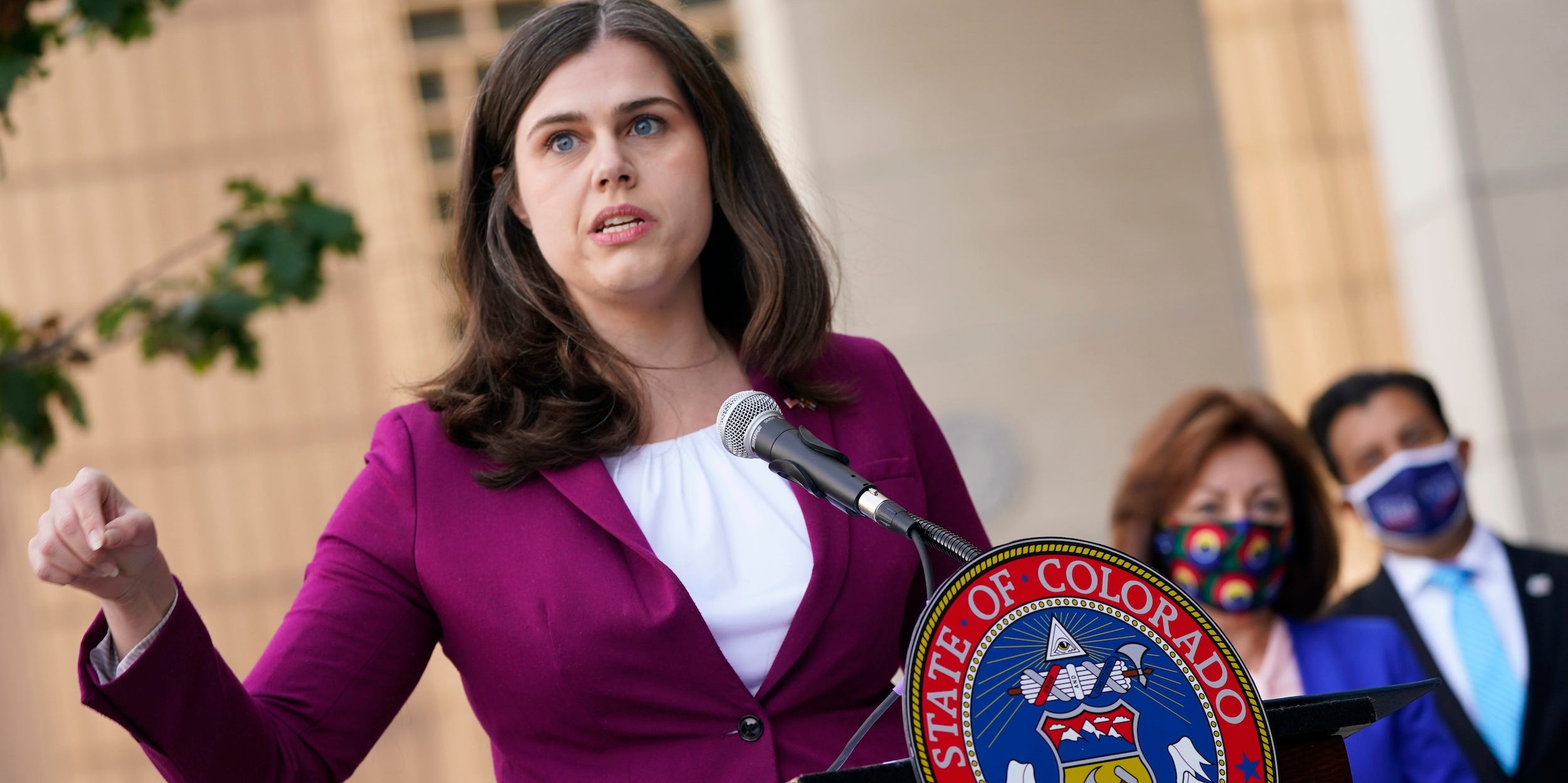 Colorado Secretary of State Jena Griswold makes a point during a news conference about the the state's efforts to protect the process of casting a vote in the general election Thursday, Oct. 15, 2020, in downtown Denver.